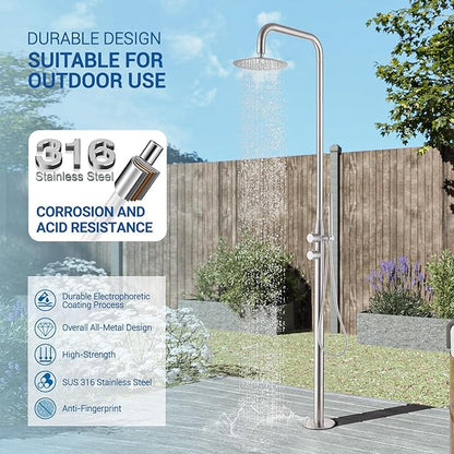 Freestanding Outdoor Shower Kit, 316 Marine Grade Stainless Steel Outside Shower System for Backyard, Pool, Beach, Outdoor Shower Fixtures with Rain Shower Head & Handheld, Brushed Nickel