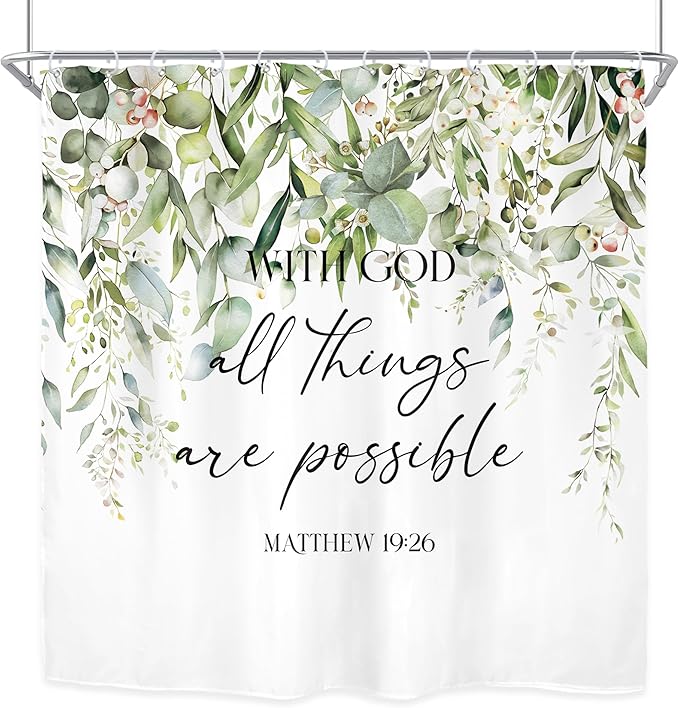 Riyidecor Sage Green Eucalyptus Leaves Shower Curtain for Bathroom Decor 72Wx72H Bible Verse Quotes Spring Floral Botanical Watercolor Art Printed Fabric Polyester Waterproof 12 Pack Metal Hooks