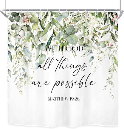 Riyidecor Sage Green Eucalyptus Leaves Shower Curtain for Bathroom Decor 72Wx72H Bible Verse Quotes Spring Floral Botanical Watercolor Art Printed Fabric Polyester Waterproof 12 Pack Metal Hooks