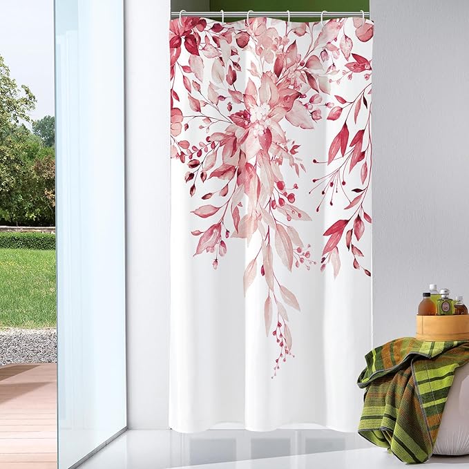 Gibelle Small Stall Shower Curtain 36 x 72, Narrow Half Pink Floral Shower Curtain for Bathroom, Watercolor Plant Eucalyptus Leaves Fabric Shower Curtain Set