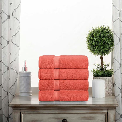 Superior Egyptian Cotton Pile Hand Towel Set of 4, Ultra Soft Luxury Towels, Thick Plush Essentials, Absorbent Heavyweight, Guest Bath, Hotel, Spa, Home Bathroom, Shower Basics, Coral
