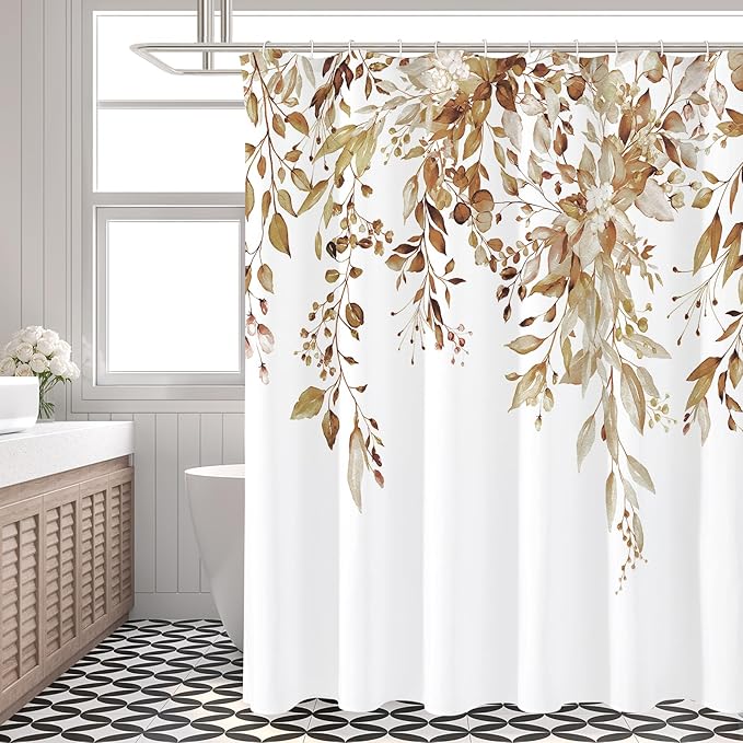 Gibelle Extra Long Shower Curtain 72 x 84, Brown Floral Shower Curtain for Bathroom, Watercolor Plant Eucalyptus Leaves Fabric Shower Curtain Set