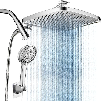 Cobbe 12'' Rain Shower Head with Extension Arm - Dual Shower Heads with 8 Modes Handheld Spray Combo - Wide RainFall shower with Anti-Clog Nozzles, Adhesive Showerhead Holder, Chrome
