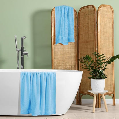 BELZZI Home Ultra Soft 4 Pack Oversized Bath Towel Set 27x54, Cotton Compact Bath Towels, Highly Absorbant Eco-Friendly Quickdry & Lightweight Towel, Ideal for Gym Travel Camp Pool - Sky Blue