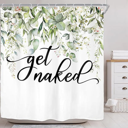 Riyidecor Sage Green Eucalyptus Leaves Shower Curtain for Bathroom Decor 72Wx72H Get Naked Bible Verse Spring Watercolor Floral Botanical Art Printed Fabric Polyester Waterproof 12 Pack Metal Hooks