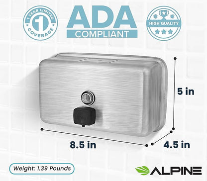 Alpine Commercial Wall-Mounted Soap Dispenser – Stainless Steel, Liquid, Manual Pump, ADA Compliant, 1200ml for High-Traffic Bathrooms (Horizontal)