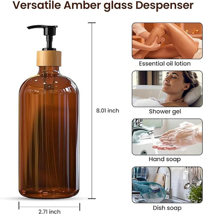 16 OZ Thick Amber Glass Soap Dispenser, Bamboo Pump with Tray 4 Pack, Hand and Dish Soap Dispenser Set for Bathroom with 12 Waterproof Labels