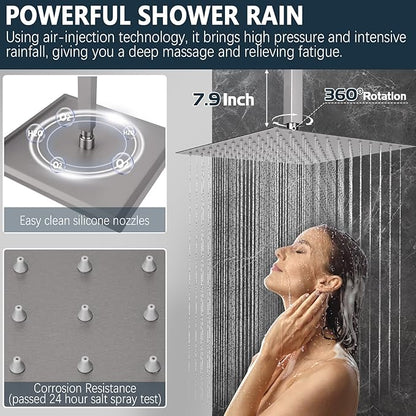 Shower Faucet Set Rainfall Shower System Push Button Diverter Shower Faucet with 4 in 1 Handheld, Ceiling Mount 12 Inch Shower Head and 6 Inch Wall Mount Shower Head