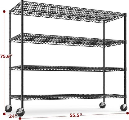 REIBII 55.5''W Heavy Duty Metal Shelves with Wheels - 4PCS Adjustable Garage Storage Rack, 75.6" H X 55.5''W X 24" D