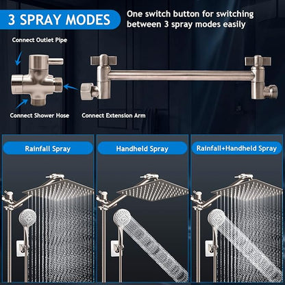 Shower Head Combo(Brushed Nickel),10'' High Pressure Rain Shower Head with 11'' Adjustable Extension Arm and 5 Settings Handheld,Powerful Shower Spray Against Low Pressure Water