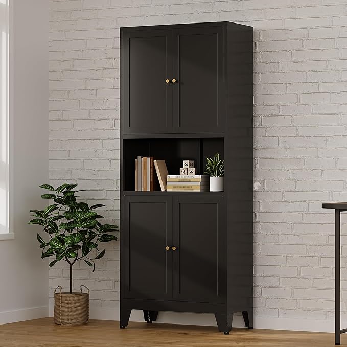 Metal Storage Cabinet, 69" Tall Bathroom Cabinets with 4 Doors & 3 Adjustable Shelves Large Cupboard, Black Metal Pantry Cabinets for Kitchen, Home Office, Garage, Warehouse