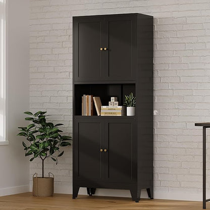 Metal Storage Cabinet, 69" Tall Bathroom Cabinets with 4 Doors & 3 Adjustable Shelves Large Cupboard, Black Metal Pantry Cabinets for Kitchen, Home Office, Garage, Warehouse