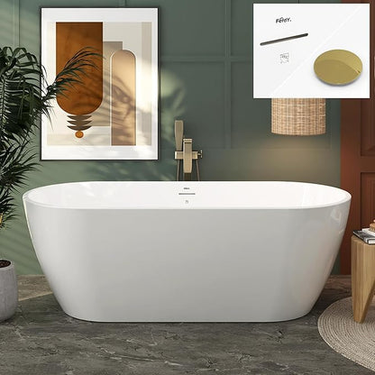 FerdY 67" Bali Elite Acrylic Freestanding Bathtub, Gracefully Shaped Freestanding Soaking Bathtub, cUPC Certified, Toe-Tap Polished Gold Drain and Minimalist Linear Design Overflow Included