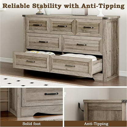 7-Drawer Dresser for Bedroom, Modern Wooden Chest of Drawers with Metal Handles, Anti-Tipping Design, Sturdy and Stable Storage Organizer for Living Room, Entryway, Home Office