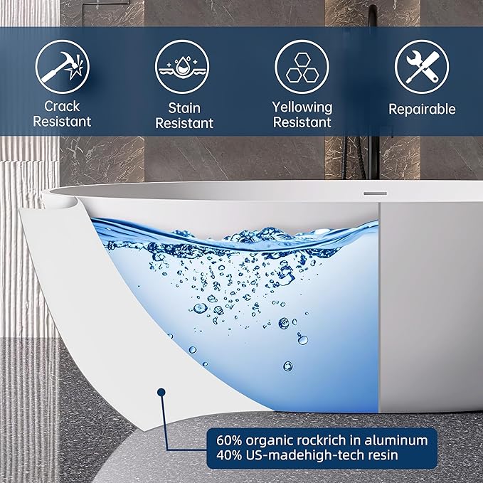 71'' Resin Stone Soaking Bathtub Freestanding Bathtub Solid Surface Modern Tubs with Overflow and Pop-up Drain in White…
