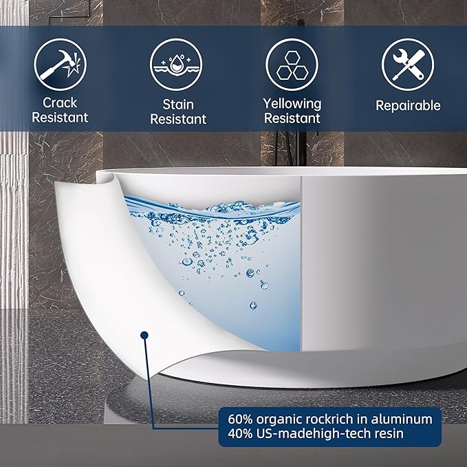 49'' Round Soaking Bathtub Resin Stone Freestanding Bathtub Soaking Deep Tub Solid Surface Bathtub with Overflow and Pop-up drain in White