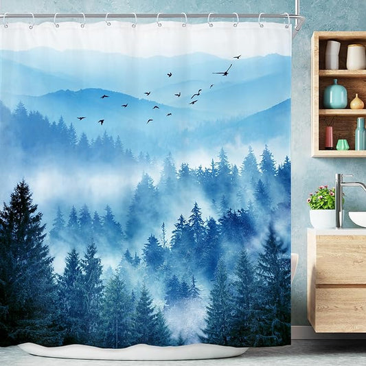 Riyidecor Navy Blue Mountain Shower Curtain 72Wx96H Inch Extra Long Nature Woodland Scenery Park Scene View Foggy Pine Tree Alpine Cool Mens Bathroom Decor Fabric Polyester Waterproof 12 Pack Hooks
