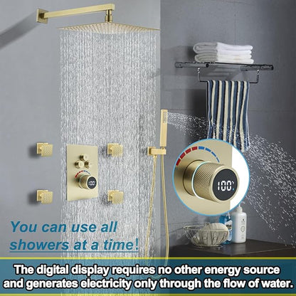 Digital Display Shower Valve Shower Valve 3 Way Shower Diverter Valve Shower Mixing Valve Can Use All the Time Brushed Gold