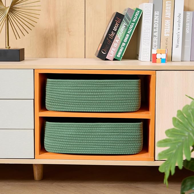 Large Shallow Organizing Baskets 15x11x5.1 Inches - Rope Woven Storage Bins for Bathroom, Shelves, Cube Closet, Green 4 Packs