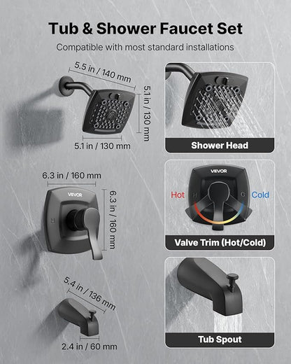 VEVOR Tub and Shower Faucet Set, Complete with 5.1-Inch Rainfall Shower Head and Bathtub Spout, 5-Setting Adjustable Spray, Single-Handle Tub Trim Kit with Brass Pressure Balancing Valve, Matte Black