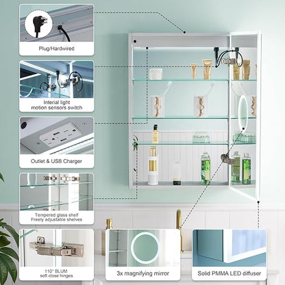 WELLFOR 20" X 30" LED Medicine Cabinet with Mirror, 3X Magnifiying Mirror Cabinet, Defogging/Dimmable Bathroom Mirrored Cabinet, Lighted Medicine Cabinet with Outlets & USB Ports, Right Opening Doors