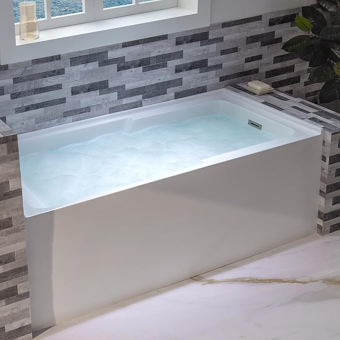 WOODBRIDGE 60" Acrylic Rectangular Alcove Soaking Bathtub in White with Right Drain, Brushed Nickel Pop-Up Drain Included BA6030R