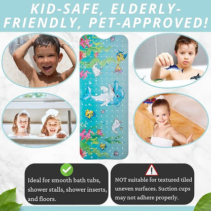 ENKOSI Bath Mat Long 40x16 – Non-Slip Bathtub Mat with Secure Suction Cups & Drain Holes with Fun Dolphin Design - Bathroom Shower Mat for Tub for Kids and Toddlers (Bath Dolphin)