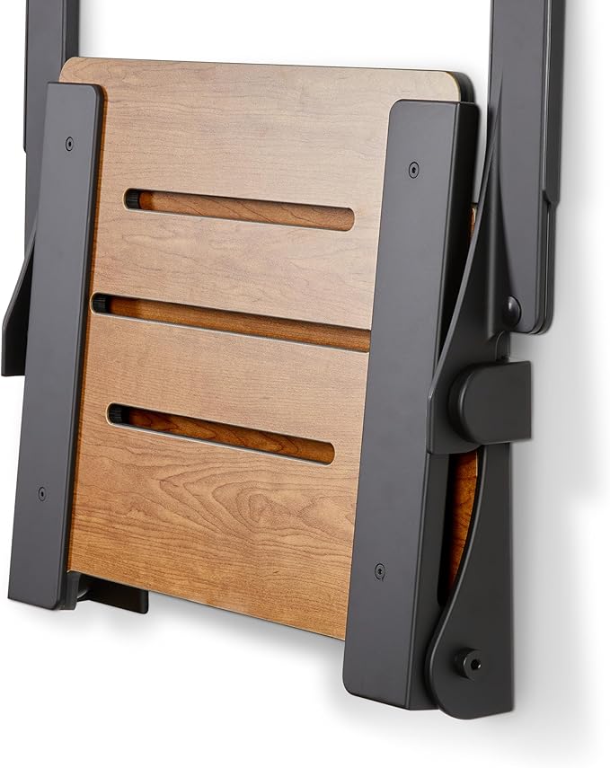 Seachrome Silhouette Comfort Folding Wall Mount Shower Bench Seat with Arms, Rustic Teak Seat with Matte Black Frame