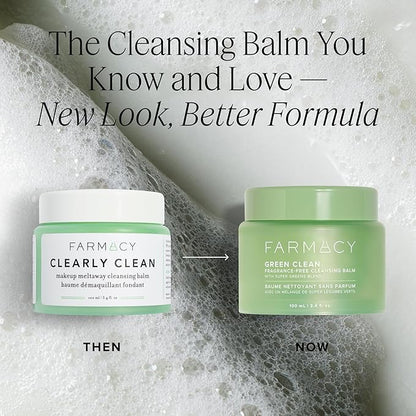Farmacy Makeup Remover Cleansing Balm - Green Clean Waterproof Makeup Remover + Oil Based Cleanser - Newly Formulated Double Cleanser with Plant Based Waxes + Upcycled Moringa - Fragrance Free (100ml)