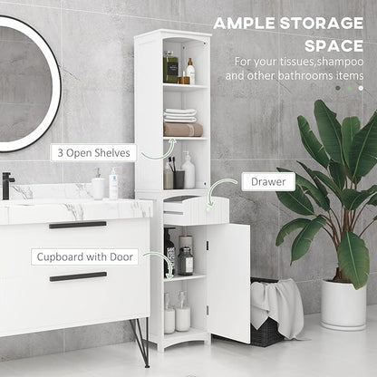HOMCOM Bathroom Storage Cabinet, Free Standing Bathroom Storage Unit, Tall Linen Tower with 3-Tier Shelves and Drawer, White