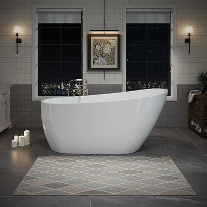 ABRUZZO 63" Acrylic Freestanding Bathtub - Deep Soaking Tub with Pop-Up Drain & Overflow, Glossy White Standalone Bathtub for Modern Bathroom, Fiberglass Reinforced Construction