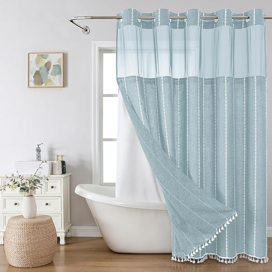 No Hook Extra Long Shower Curtain Set with Snap-in Liner,Linen Textured Thick Striped Fabric with Tassels,Boho Chic Modern Farmhouse Bathroom Curtain,Water-Repellent,Fog Blue,71x86