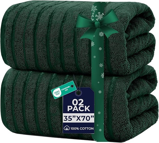 DAN RIVER Pack of 2 Bath Sheet 35x70 Inches, Ribbed Oversized Bath Towels Extra Large, Organic Cotton Towels for Bathroom - Hunter Green