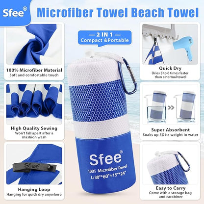 Sfee 2 in 1 Microfiber Oversized Beach Towel, Quick Dry Towel Travel Camping Towel Super Absorbent Compact Lightweight Sports Gym Towels for Beach,Gym, Hiking, Pool, Backpacking, Bath, Yoga