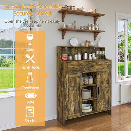 Storage Cabinet with Doors and Drawers, Kitchen Storage Cabinet with 1 Large Drawer,2 Doors,and 2 Adjustable Shelves,for Bathroom/Kitchen/Living Room/Entrance Hall (Retro Color)