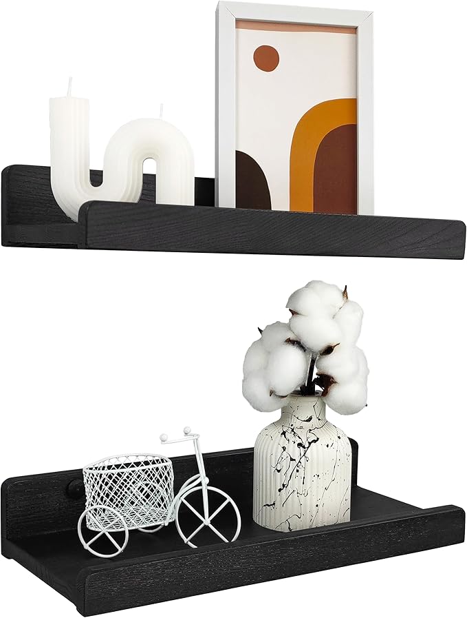 Floating Shelves for Wall 12 inch, Waterproof, Wall Storage Shelves with Lip, Display Picture Ledge Shelf for Living Room Photo Frame, Natural Wood Hanging Book Shelves (Black, Set 2)