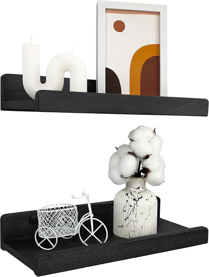 Floating Shelves for Wall 12 inch, Waterproof, Wall Storage Shelves with Lip, Display Picture Ledge Shelf for Living Room Photo Frame, Natural Wood Hanging Book Shelves (Black, Set 2)
