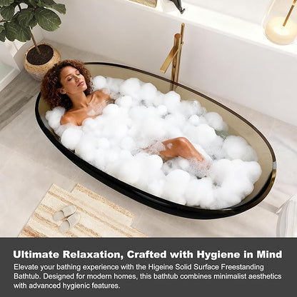 69" Premium Solid Surface Free Standing Bathtub, Unique Transparent Brown Stone Resin Tub with Pop-up Drain