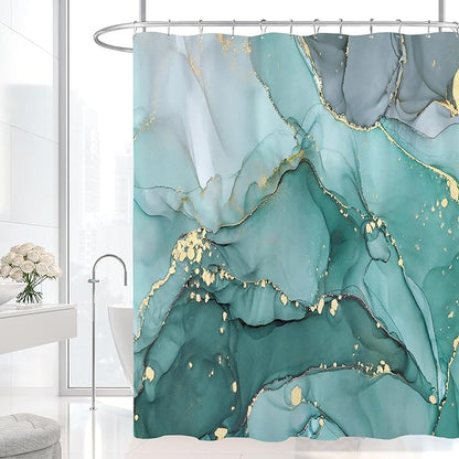 Extra Long Shower Curtain 72 x 84 Inch, Turquoise Tall Abstract Marble Shower Curtains for Bathroom, Modern Luxury Art Decor Ink Texture Fabric Shower Curtain Set with Hooks