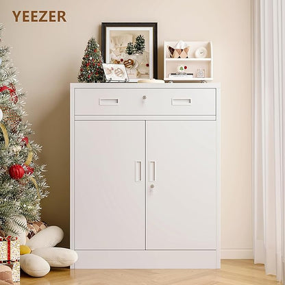 Metal Storage Cabinet with Drawer, 36" H White Locking Metal Cabinet, Adjustable Shelf File Cabinet Cabinet with Doors for Home Office, Garage, Warehouse, Laundry Room, Basement