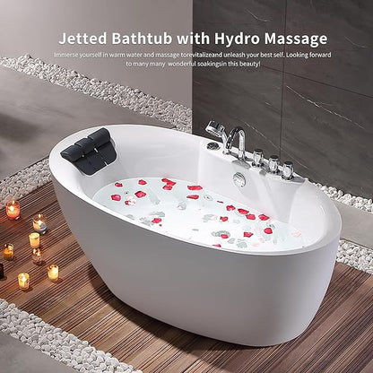 Empava 71 inch Acrylic Freestanding Tub Hydromassage Gracefully Oval Shaped Whirlpool 7 Water Jets Soaking SPA, Double-Ended Massage Bathtub with Black Pillow, Boat Shape,ETL Certified