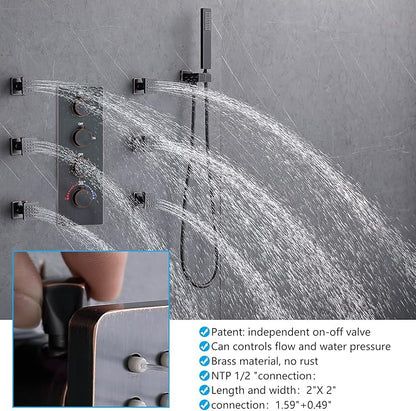 16x32 Inches Bathroom Shower System Ceiling Mount Thermostatic Luxury Rain Shower With 6 On/Off Body Jets and Handheld Shower Faucet Set Full Body Massage Shower Mixer Combo Set Oil Rubbed Bronze