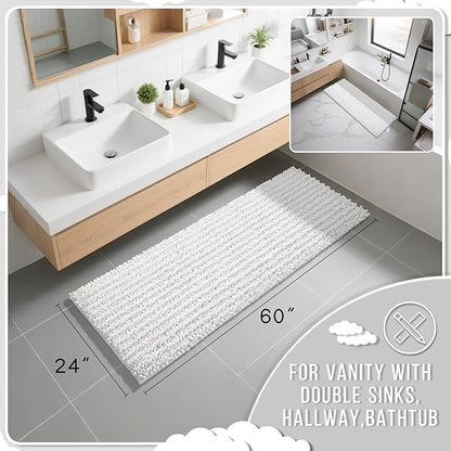 Yimobra Bathroom Runner Rug 60x24 Inch - Extra Long Non Slip Chenille Bath Mat, Soft & Absorbent, Machine Washable Shaggy Hallway Carpet for Vanity Tub Shower, White Home Decor Accessories