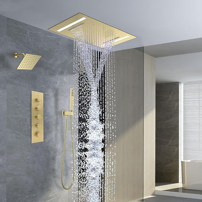 Dual Rain Shower Head Thermostatic Luxury Spa Shower System And Ceiling Mount 14x20 Inch LED 4 Functions with 6 Inch Wall Head Shower Faucet Set,Brushed Gold
