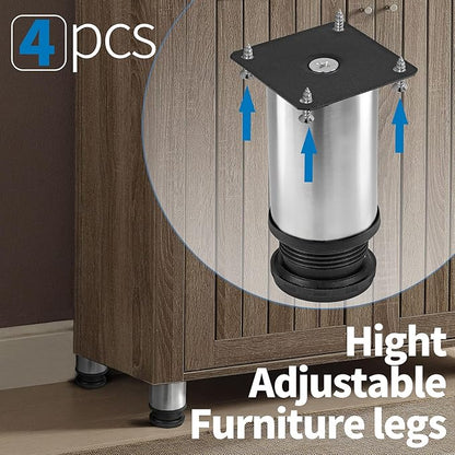 4 Inch Metal Furniture Legs Stainless Steel Adjustable Legs Silver Table Legs Round Cabinet Legs for Coffee Table Cabinet Desk Sofa Shelves, Pack of 4