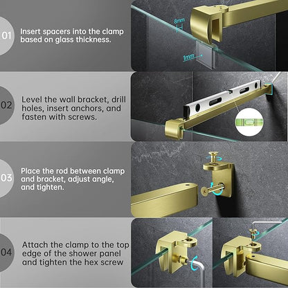 Frameless Shower Door Support Bar, Stainless Steel Wall-to-Glass Support Arm to Fixed Shower Glass Panel, for 1/4"-3/8" (6-10 mm) Door, 180° Pivot & Stow-Flat Mode (Brushed Gold, 51.2-inch(1300mm))