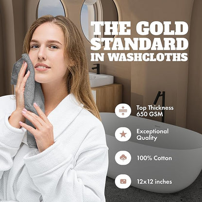 White Classic Wealuxe Light Gray Washcloths 24 Pack - 600 GSM 100% Ring-Spun Cotton Wash Cloths for Showering, Highly Absorbent and Soft | 12x12 Inches
