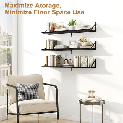 Fun Memories Floating Shelves for Wall, 36 Inches Long Set of 3 Wall Shelves for Bedroom, Floating Bookshelves with Metal Brackets for Living Room, Kitchen, Bedroom and Laundry Room (Black)