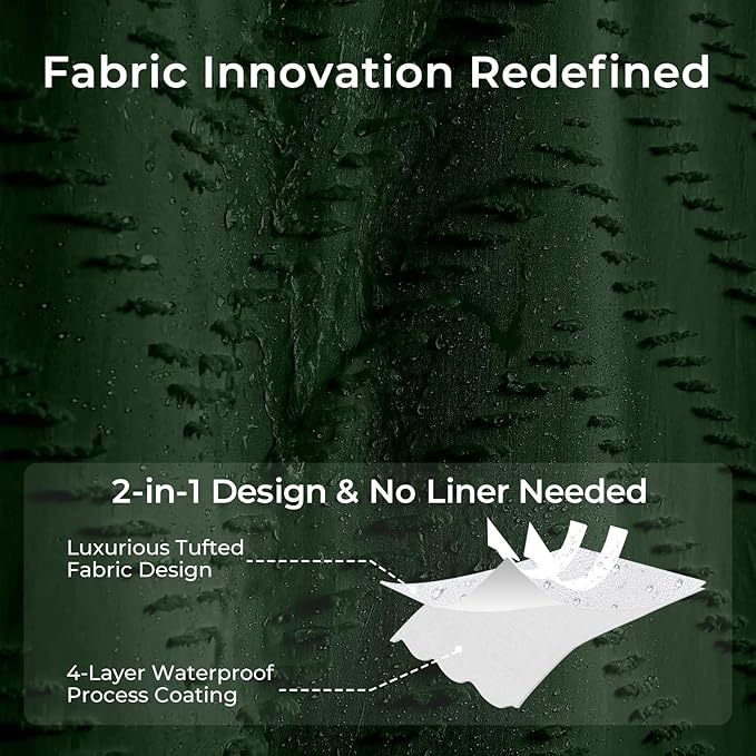 Dark Green Boho Shower Curtain 72 x 72 Inches Woven Fabric Shower Curtain Tufted Chervon Textured Shower Curtains Modern Minimalist Shower Curtains for Bathroom