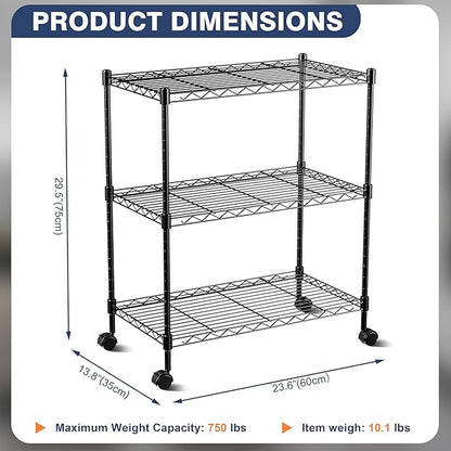 3-Tier Wire Shelf Rack,24" Dx14 Wx 30" H,Wire Metal Shelving with Lockable Wheels,Height Adjustable Storage Sranding Shelves for Kitchen,Living Room,Laundry,Office,Pantry,Studio,Black